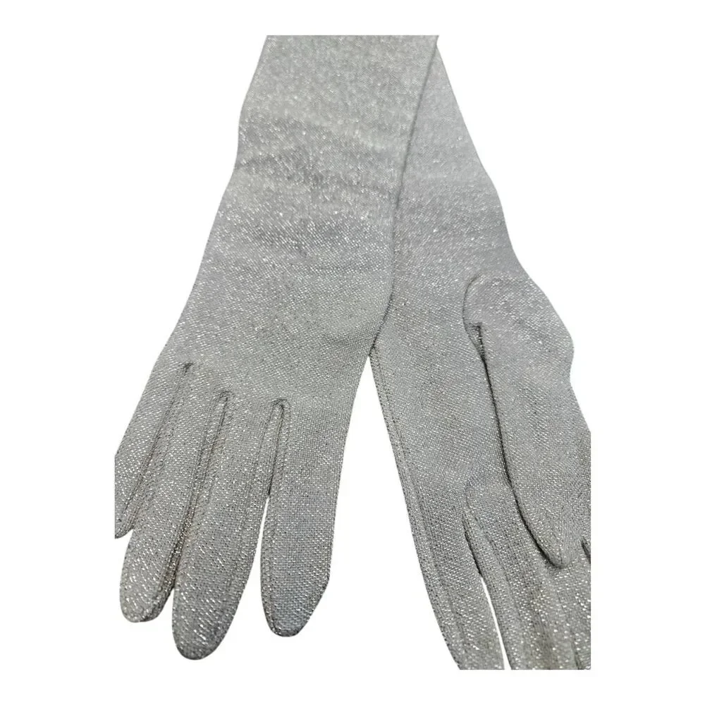Silver Glitter Long Stretch Gloves Foral Prom Wedding